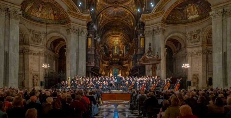 The Royal Philharmonic Orchestra led by Sir John Rutter inside St Paul's Cathedral
